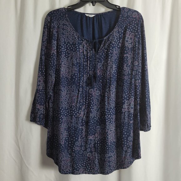 Sonoma Large Women's Peasant Top BOHO Navy Blue print flowy relaxed casual EUC - Picture 1 of 8